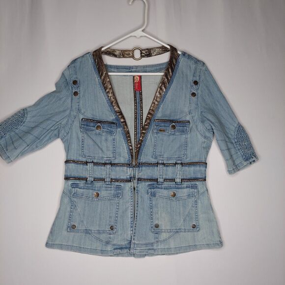 Apple Bottoms Denim Jacket Large Blue Half-Sleeve Faux Leather Trim Y2K - Picture 4 of 10